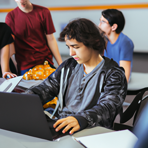 תמונה של תלמיד משתמש במחשב נייד ומשתף פעולה עם בני גילו