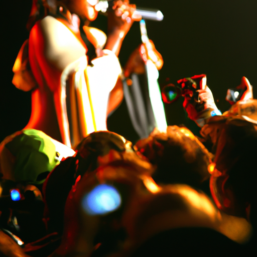 תמונה של זמרת אירועים בהופעה על במה מוארת עם קהל מעורב.