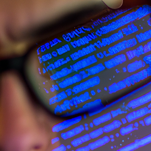 אדם מול מחשב נייד, עם שורות קוד משתקפות במשקפיו