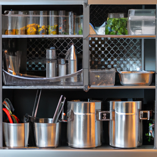 תחנת שירות מסודרת עם כלי מטבח ומרכיבים שונים המוצבים בצורה מסודרת בתאים המיועדים להם.