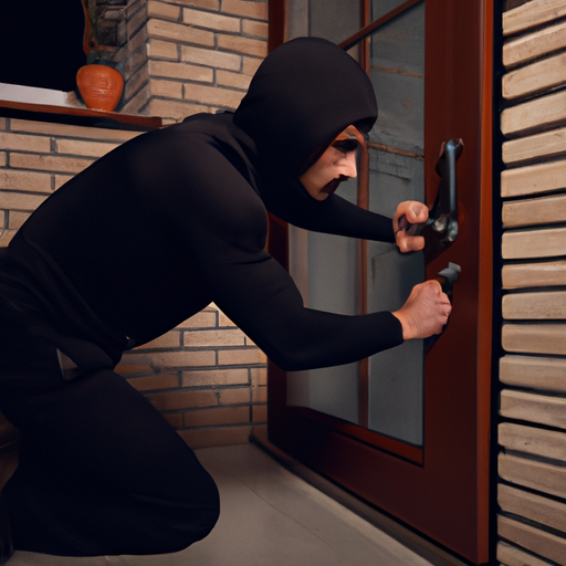 A photo showing a burglar trying to force his way into a house, but thwarted by a forced entry resistant door.