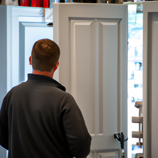 A photo of a homeowner in a hardware store, examining different types of forced entry resistant doors.